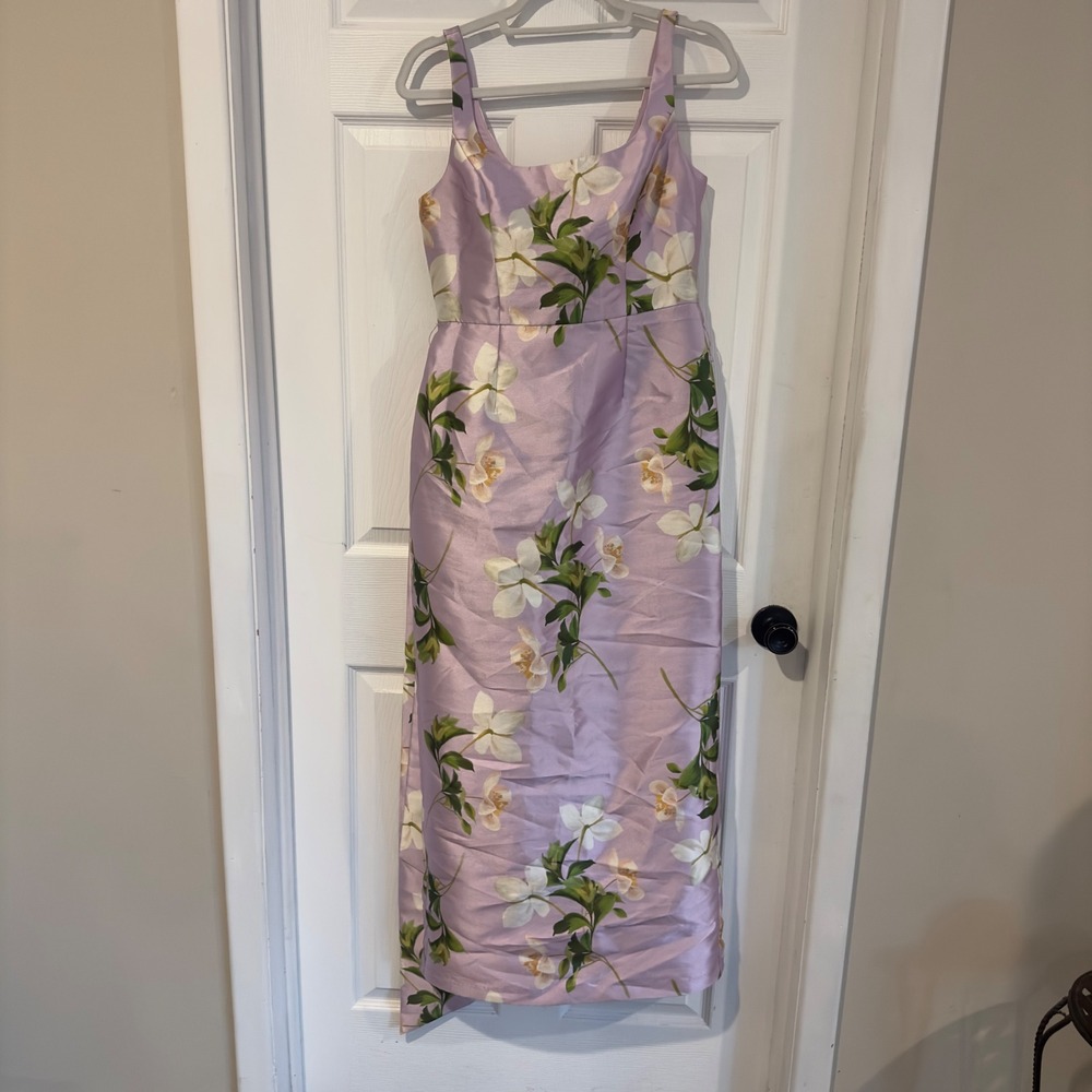 Julia Jordan Lilac Floral Satin Midi Dress with Back Bow Square Neck Size 6